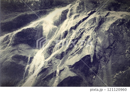 Cliffs with waterfall old black and white photo. Ireland Powerscourt Waterfall  121120960