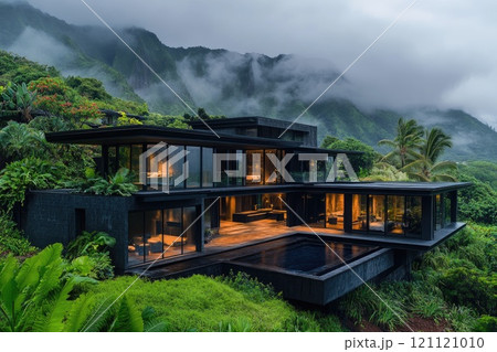 Luxurious sustainable house glowing in the misty jungle at dusk 121121010