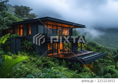 Modern luxury home overlooking misty tropical rainforest at dusk 121121011