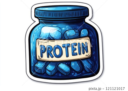 Blue glass jar full of protein supplement is promoting healthy lifestyle 121121017