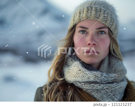 Realistic photo portrait of a Scandinavian girl against the backdrop of Lofoten. Winter, dramatic backlight. 121121237