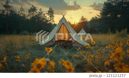 camp tent with bonfire in sunset time in mountains near forest , concept of summer vacation. 121121257