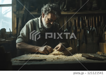 Artistic side view portrait of senior craftsman carving wood with soft light streaming through window in traditional workshop copy space 121121541