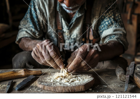 Closeup of senior craftsman working with wood focus on withered hands picking up wood shavings in rustic traditional workshop copy space 121121544