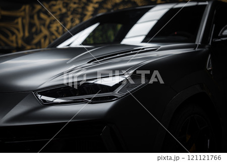 The image showcases the front section of a Lamborghini Urus Performante, highlighting its angular headlights and matte finish, set against a gold and black mural. 121121766
