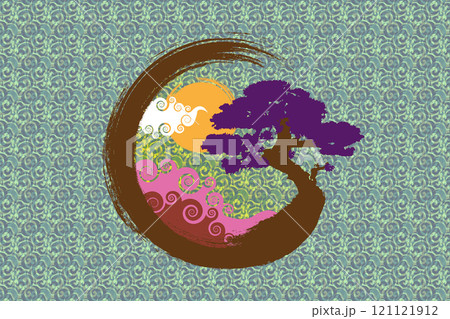 Japanese landscape on Enso Zen Circle, Bonsai Tree and big red sun, hand-drawn with colorful ink in traditional oriental style sumi-e, Vector logo design in Paint Brush art design, vintage background Japanese landscape on Enso Zen Circle, Bonsai Tree and big red sun, hand-drawn with colorful ink in traditional oriental style sumi-e, Vector logo design in Paint Brush art design, vintage background 121121912