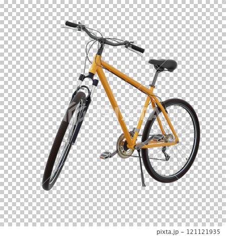 Orange bicycle standing on kickstand, front side view isolated on white background Orange bicycle standing on kickstand, front side view isolated on white background 121121935