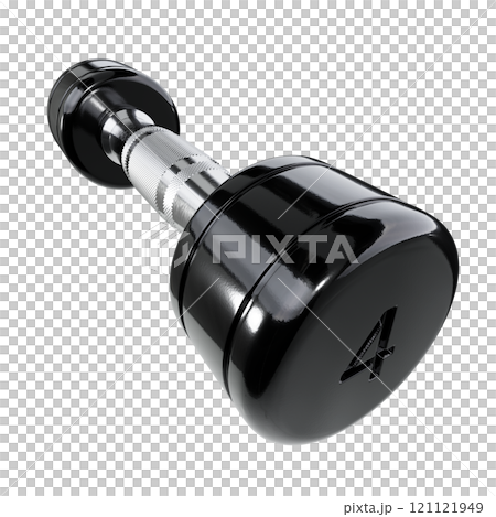 Round Chrome Dumbbell with number 4, weightlifting gym equipment wide angle view 121121949