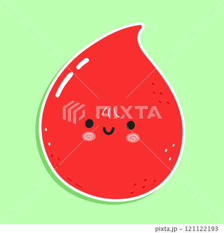 Sticker Blood drop character. Vector hand drawn cartoon kawaii character illustration icon. Isolated on green background. Blood drop character concept 121122193