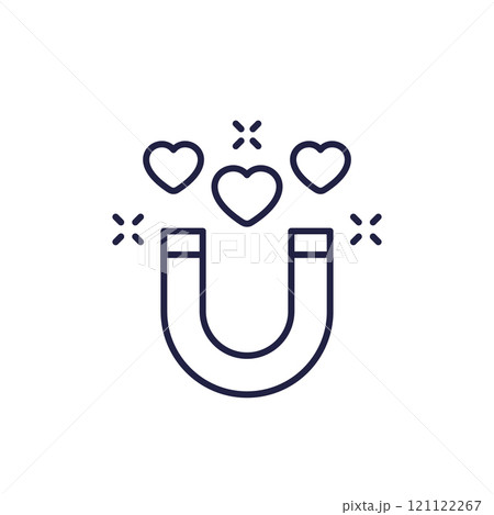 Magnet and hearts, attraction line icon Magnet and hearts, attraction line icon 121122267