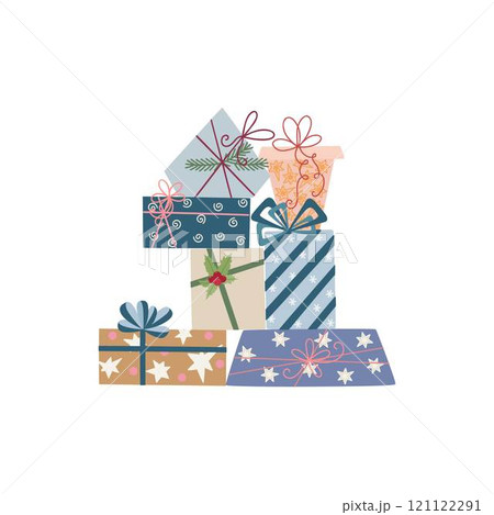 Beautifully wrapped holiday presents in a colorful heap, featuring elegant designs and cheerful ribbons, perfect for festive visuals 121122291
