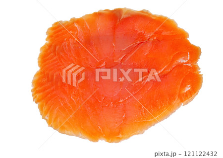 Thin slice of low-salt salmon fillet isolated on white. Red fish, food. Thin slice of low-salt salmon fillet isolated on white. Red fish, food. 121122432