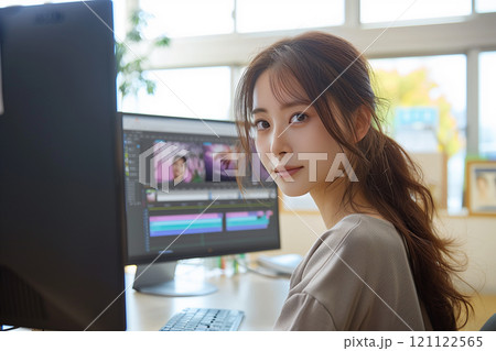 明るいオフィスで作業中のクリエイター女性 121122565