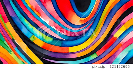 Bright abstract background of curved multicolored watercolor stripes 121122696