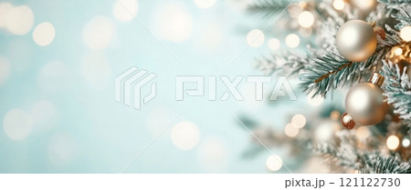 Glowing Blurred Background with Bokeh Lights Christmas and New Year with Large Copy Space and Fir Tree Branches with Pine Cones. Holiday Banner  121122730