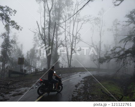 A man on a motorcycle on a road in the mountains in the fog after a storm. Around and on the way are broken trees and branches after a volcanic eruption. A man on a motorcycle on a road in the mountains in the fog after a storm. Around and on the way are broken trees and branches after a volcanic eruption. 121122761