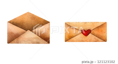 Watercolor illustration of two vintage style brown envelopes, open and sealed with a red heart, symbolizing love and correspondence. Warm earthy tones and textured design evoke romance and nostalgia 121123102