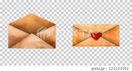 Watercolor illustration of two vintage style brown envelopes, open and sealed with a red heart, symbolizing love and correspondence. Warm earthy tones and textured design evoke romance and nostalgia 121123102