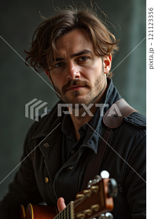 Man playing acoustic guitar indoors with a serious expression on a dark, textured backdrop 121123356