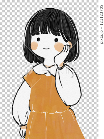 Hand-drawn illustration of a warm-hearted girl with her hand on her cheek Hand-drawn illustration of a warm-hearted girl with her hand on her cheek 121123705