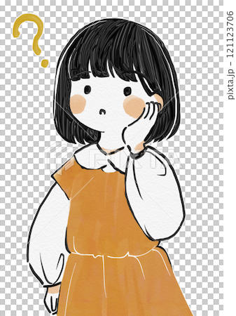 Question, worry, hat, girl with hand on cheek looking puzzled illustration Question, worry, hat, girl with hand on cheek looking puzzled illustration 121123706