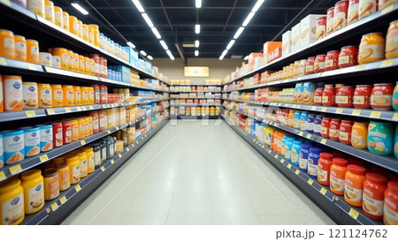 Various brands of infant formula, baby food and powdered milk are for sale on the counter in the store 121124762