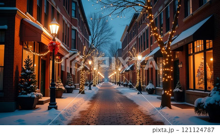 Cozy winter city street with garlands, decorated for Christmas holidays, evening background Cozy winter city street with garlands, decorated for Christmas holidays, evening background 121124787