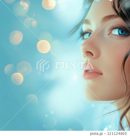 Bokeh, highlights, face of a young beautiful woman, on a light blue abstract background, close-up, copy space 121124803