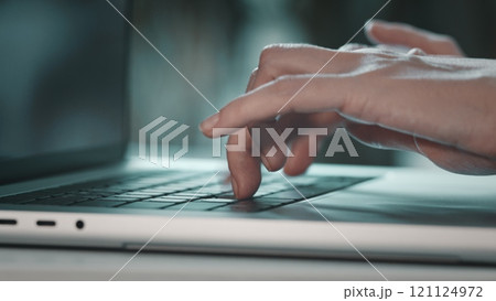 Laptop keyboard hands typing close up. Woman remote job from home office. Student professional study work with pc. Software, online education, apps, modern tech concept. Blue toning filter, side view 121124972