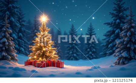Ideal for seasonal material, the Christmas tree, holiday lights, shimmering background in blue and gold, festive ambiance, and bokeh effect enhance the celebratory feel.  121125174