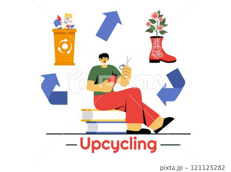 Upcycling Vector Illustration featuring the Process and Techniques of Reusing and Transforming Waste into Valuable Products in a Flat Style Background Upcycling Vector Illustration featuring the Process and Techniques of Reusing and Transforming Waste into Valuable Products in a Flat Style Background 121125282