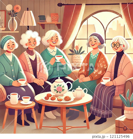 お茶を飲みながらおしゃべりするおばあちゃんたち お茶を飲みながらおしゃべりするおばあちゃんたち 121125496