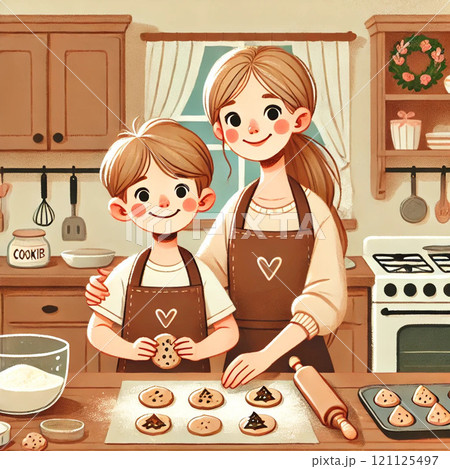 キッチンで親子がクッキーを作っている 121125497