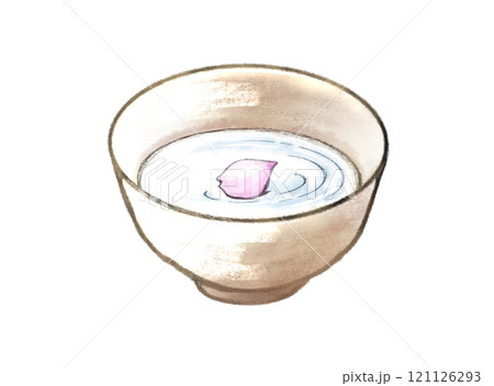 お猪口に入ったお酒に浮かぶ桜の花びらの水彩イラスト お猪口に入ったお酒に浮かぶ桜の花びらの水彩イラスト 121126293