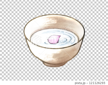 お猪口に入ったお酒に浮かぶ桜の花びらの水彩イラスト お猪口に入ったお酒に浮かぶ桜の花びらの水彩イラスト 121126293
