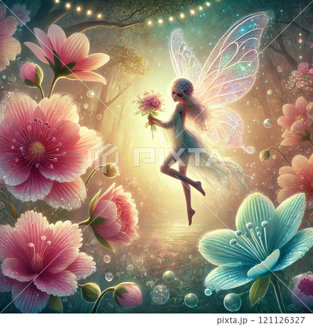 妖精が花の蜜を運ぶ幻想的なシーンのイラスト素材 [121126327] - PIXTA