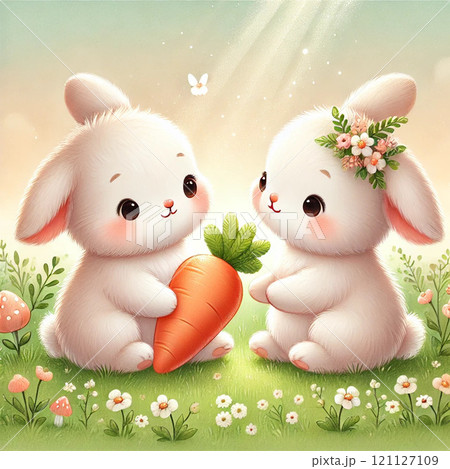 仲良しウサギが一緒ににんじんを食べるのイラスト素材 [121127109] - PIXTA