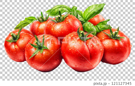 Fresh red tomatoes with basil leaves, glistening with water 121127345