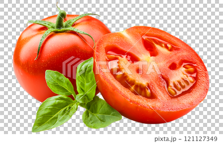 Fresh red tomato with basil leaves, sliced for cooking Fresh red tomato with basil leaves, sliced for cooking 121127349