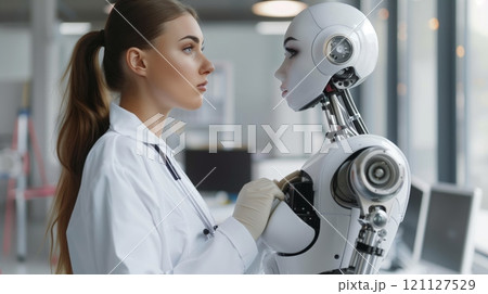 In a futuristic medical lab, a doctor and an AI robot collaborate on advanced healthcare research 121127529