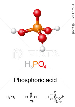 Phosphoric acid, H3PO4, molecule model, chemical formula and structure. Ball-and-stick model of orthophosphoric acid, an inorganic compound, major industrial chemical, and a component of fertilizers. 121127561