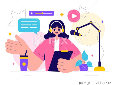 Radio Host Illustration Featuring People Wearing Headphones While Talking and Recording an Audio Podcast Show or Media Broadcasting in a Background 121127632