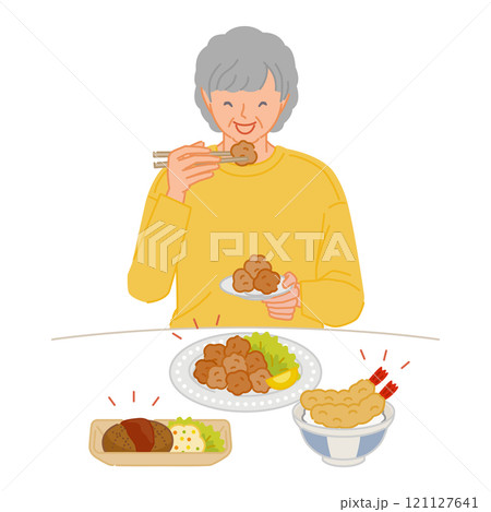 脂っこい食事をする笑顔のシニア女性（ひとり暮らし） 121127641