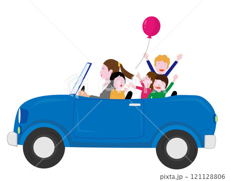 オープンカーでドライブを楽しむ子供たち。 121128806