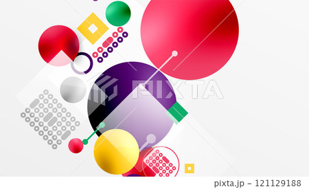 Minimalistic abstract vector design, layered geometric shapes circles, squares, and triangles with soft pastel gradients and semi-transparent effects. Perfect for contemporary use 121129188