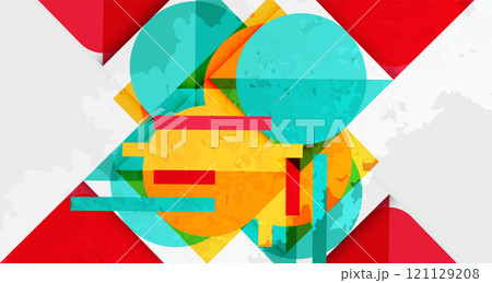 Squares, circles and triangles and grainy noisy texture. Vector Illustration For Wallpaper, Banner, Background, Card, Book Illustration, landing page 121129208