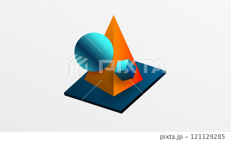 Abstract design showcasing isometric cubes, pyramids, squares, and spheres in a vibrant 3D layout. Modern and dynamic, perfect for tech, design, or futuristic themes 121129285