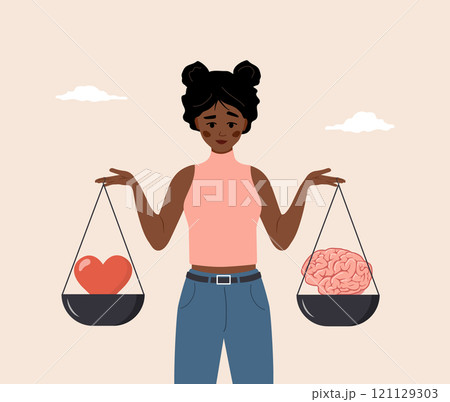 Heart and Brain Balance. Rational reasonable and emotional choice. Cartoon African Female character looking at brain and heart on seesaw. Flat Vector illustration 121129303