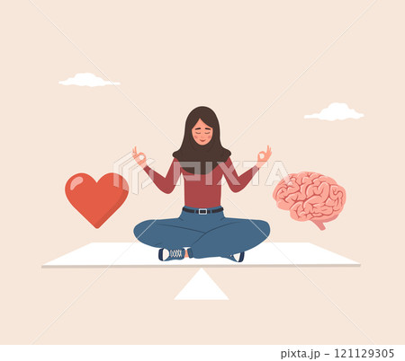Heart and Brain Balance. Mental and Physical Health concept. Young arab woman control feeling and emotion. Flat design. Vector illustration in cartoon style Heart and Brain Balance. Mental and Physical Health concept. Young arab woman control feeling and emotion. Flat design. Vector illustration in cartoon style 121129305