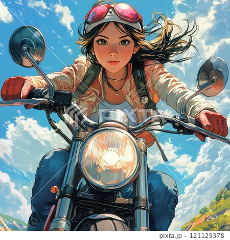 「バイクに乗る女性ライダー - 青空の日」 「バイクに乗る女性ライダー - 青空の日」 121129378